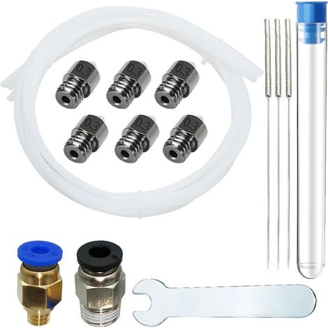 Acier trempé Buse pour Filament de 1.75mm Ender 3 V2, 6 pièces Buse en Acier 0,3 mm avec PC4-M6-M10 (1P + 1P), 3 aiguilles nettoyage buse de 0,3 mm, tube en téflon 31M et 6mm clé à fourche (1/5)