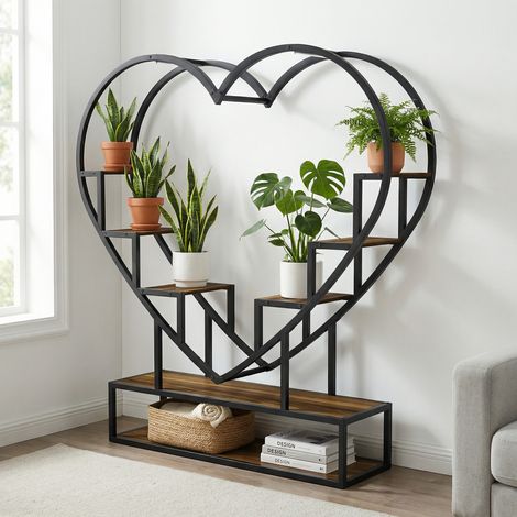 Etagère à plante, Étagère à fleurs, Porte-plante en forme de cœur 130x138cm avec Lampe de croissance LED, Métal et Bois, Style Industriel, Noyer