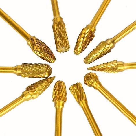 10pcs Double Cut Titanium Carbide Rotary Burr Set, 6mm Shank, 6mm Head, Solid Tungsten Carbide, for Die Grinder, Metal Carving, Polishing (1/4)