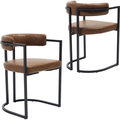 Wahson Esszimmerstühle 2er Set, Küchenstuhl aus PU Leder Polsterstühle mit schwarzen Metallbeinen, Moderne Eckstühle für Esszimmer, Braun (1/5)