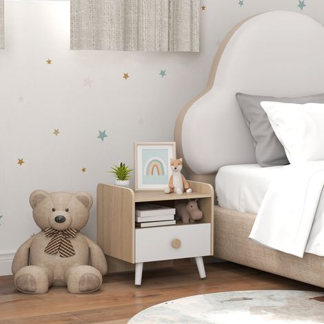 Minimalistischer Kindernachttisch mit Schublade für Kinder von 3 bis 10 Jahren, Nachttisch aus MDF und Kiefernholz, 40 x 32,5 x 40 cm, Weiß und Naturholz
