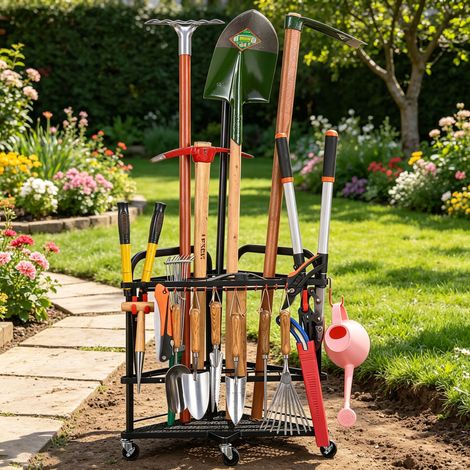 Chariot de rangement triangulaire 3 niveaux outils de jardin noir mat, sur roulettes, crochets amovibles, structure métal anti‑rouille pour coin cour et balcon (1/5)