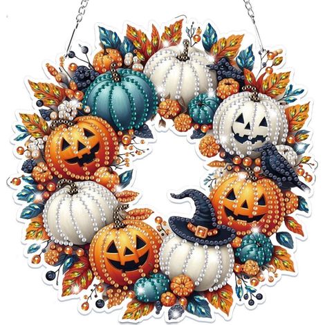 Halloween-Kranz Diamond Painting Anhänger Kürbis, 5D Fensterbild Bastelset für Erwachsene & Kinder (1/4)