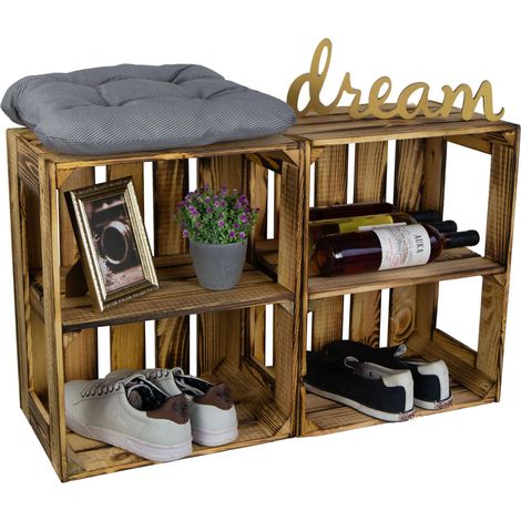 2er Set Regalkiste Gerda geflammt Quer Abageregal Nachttisch Weinkiste mit Mittelbrett Holzkiste (1/5)