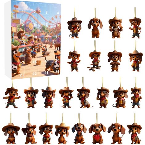 Dackel-Adventskalender 2026 – 24-teilige 2D-Acryl-Hängedekorationen mit Cartoon-Dackeln – lustige Ornamente für den Weihnachtsbaum