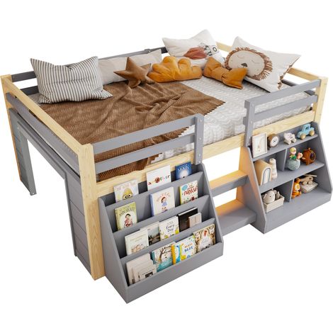 Lit mezzanine enfant 140x200 cm en pin gris et naturel avec LED, étagères, rangement, garde-corps et échelle (1/5)