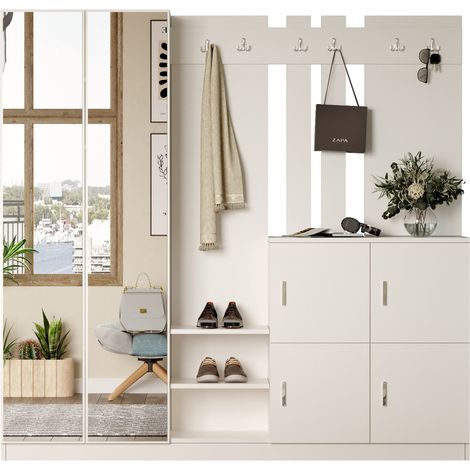 Mobile da Ingresso Noviglio, Specchio Incluso, Appendiabiti, 9 Ripiani, 187x38x180h cm Beige