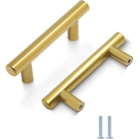 Lot de 2 poignées de porte de cuisine en acier inoxydable brossé (entraxe 64 mm), finition dorée. (1/5)