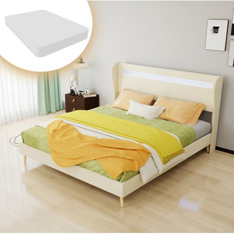 Lit rembourré moderne en tissu beige 160x200 cm avec tête de lit LED réglable et sommier à lattes