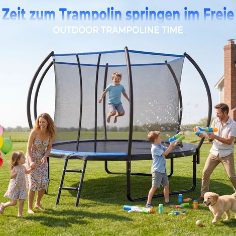 Trampoline rond 305 cm avec filet de sécurité et échelle trampoline extérieur enfant charge 110 kg structure acier noir bleu (1/5)
