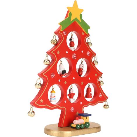 Sapin de Noël en bois à poser sur une table, orné de mini-décorations rouges.