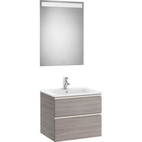 Pack mueble base de 2 cajones + lavabo central + espejo LED THE GAP - ROCA Color: Roble City texturizado (1/3)