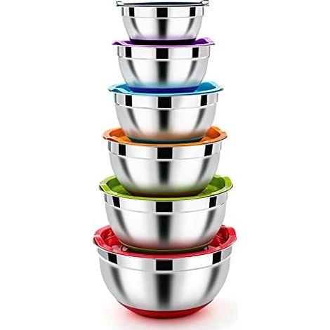 Homikit Rührschüssel Set, Edelstahl Schüssel Salatschüssel 6er Set mit Luftdichtem Deckel & Silikonboden, Stapelbar, Spülmaschinenfest, 4.6 L / 2.8 L / 2.5 L / 1.6 L / 1.2 L / 0.7 L (1/5)