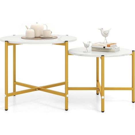 GOPLUS Tables Basses Gigognes Rondes, Lot de 2 Tables Basses Faux Marbre avec Plateau Imitation Bois, Bout de Canapé Salon 65 x 51 CM,55 x 41 CM, Charge 90+60 KG (1/5)