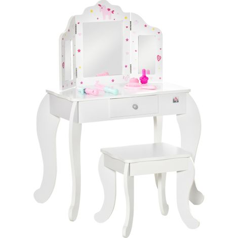 Kids Vanity Table and Chair Set with Tri-Folding Mirror and Stool, Makeup Dressing Table with Drawer, White