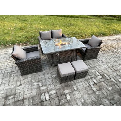 Fimous 6 Seater Outdoor Rattan Sofa Set Garden Furniture Gas Firepit Dining Table Heater with 2 Small Footstools Dark Grey Mixed (1/5)