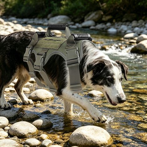 Tactical Dog Harness with Handle, No-Pull Service Vest for Medium Large Dogs, Adjustable for Walking Olive Pullable Nylon, Service Dog Vest with Hook & Loop Panels, Easy On & Off for Walking Hiking Tr (1/5)