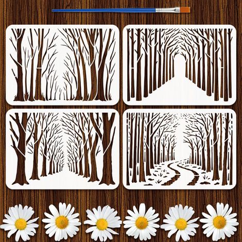 4Pcs Pochoir Forêt Peinture Avec Pinceau Plastique 21x29.7cm Arbres Ajourés Gabarit Dessin Herbe Chemin en Forêt Pochoir Réutilisable Gabarit Thème Plante pour Peinture sur Bois (1/5)