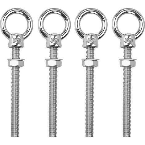 Boulons à Oeil Long M10 x 100mm Vis Anneaux de Levage Filetage Mâle en Acier Inoxydable, Piton a Oeil avec Écrou et Rondelles pour Fixation et Suspension 4 Pièces (1/5)