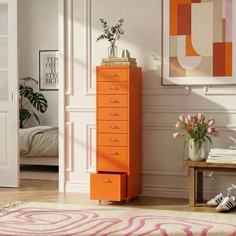 [En.Casa] – Caisson de bureau à roulettes 8 tiroirs – Dimensions 109 x 28 x 41 cm – Acier orange – Porte-étiquettes inclus (1/5)