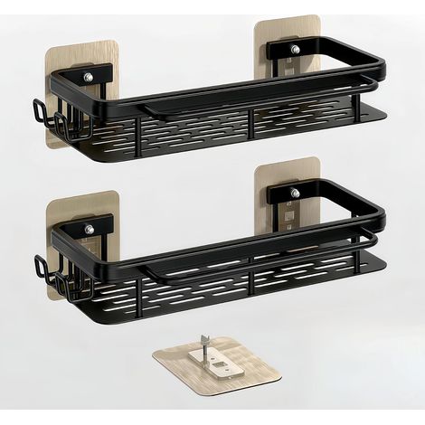 Set aus 2 selbstklebenden Duschablagen aus rostfreiem, schwarzem Aluminium mit Handtuchhalter und Haken, für mehr Ordnung und Stauraum im Badezimmer ohne Bohren, kippsicherer Duschorganizer für die Du (1/5)