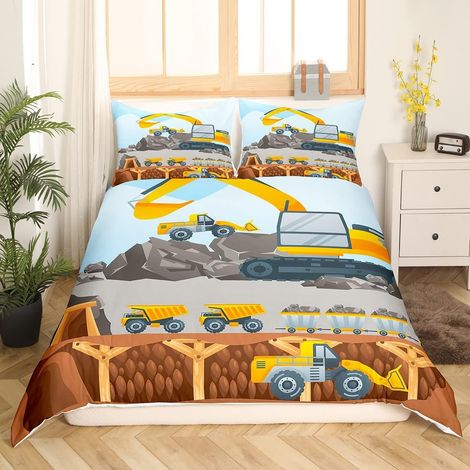 Garçons Construction Parure Housse de Couette Excavator Housse de Couette pour Enfants Garçons Tractor Parure de Lit 140x200cm Enfants Truck Voitures avec 1 taie d'oreiller - 140 x 200 cm (1/5)