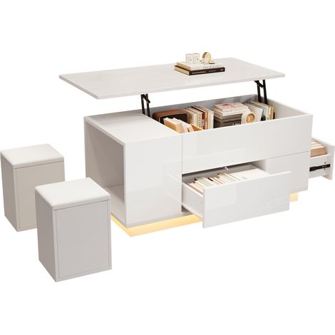 Table basse relevable 100x50 cm avec LED, table de salon blanche brillante, 2 tiroirs et 2 poufs, rangement caché (1/5)