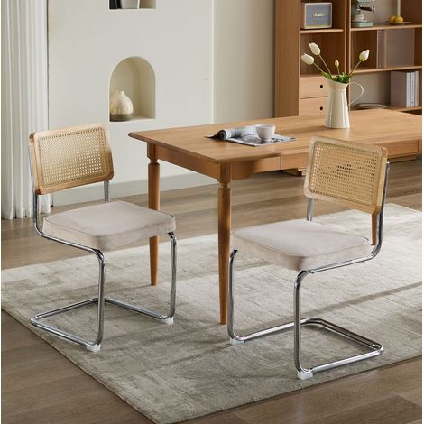 Sedia da pranzo beige in velluto con schienale in rattan intrecciato e base cantilever in acciaio,59×47×81cm (1/5)