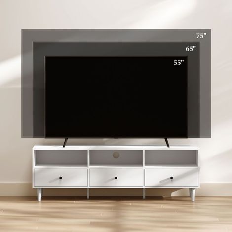 Meuble TV blanc 140 x 34 x 45 cm, 3 tiroirs, 3 niches ouvertes, passe-câbles central, pour téléviseur jusqu'à 75 pouces (1/5)