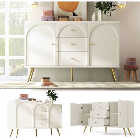 Buffet - Buffet cuisin-salon-Commode 2 portes et 3 tiroirs - H84-L140-P40 cm, étagères réglables, salon, chambre, blanc (1/5)