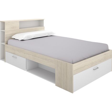 Letto con testata vani portaoggetti e cassetto 120 x 190 cm Naturale e Bianco - LEANDRE