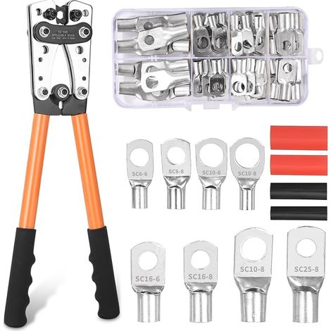 Pince a Sertir AWG 10-0 6/10/16/25/35/50 mm² pince à sertir cosses avec Bornes à anneau en cuivre 60 PCS de gaine thermorétractable pince a sertir electrique multicouche Cliquet de sertissage pince (1/5)