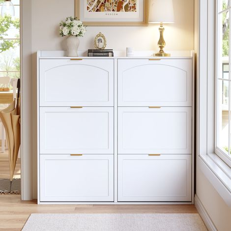Armoire à chaussures blanche 120x23x118 cm, étagère pliante 6 compartiments, meuble haut gain de place pour entrée, couloir ou dressing, fermé. (1/5)