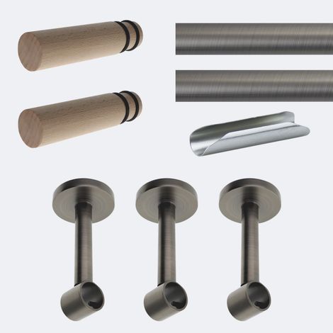 Kit de tringle à rideaux Carbone 300cm Diam.20mm Embout Cylindre Bois - Fixation Mur - Boulet (1/3)