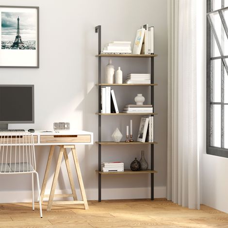 Bibliothèque d’escalier à 5 niveaux de style industriel - 60x30x184,5 cm - bibliothèque murale en bois et métal - marron