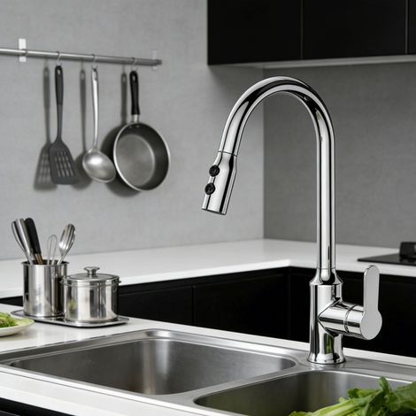 AICA Robinet cuisine extractible avec douchette, alliage zinc et âme en laiton, mitigeur monocommande chromé (1/4)