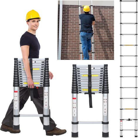 Wolketon Échelle télescopique escabeau Pro 5m aluminium 150kg, pieds antidérapants