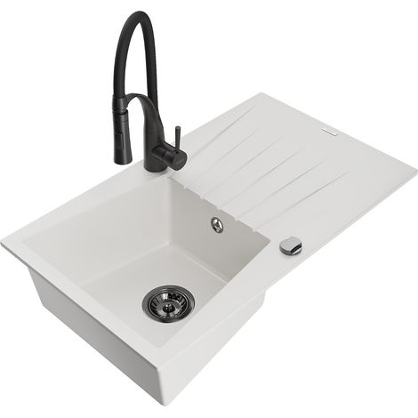 Mexen Cesar lavello in granito a 1 vasca con scolapiatti e miscelatore cucina Aster, bianco - 6514-20-73450-70-B (1/5)