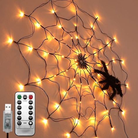 Wasserdichte LED-Lichterkette mit Spinnennetzmotiv für Halloween, USB-betrieben, mit dekorativer Plüschspinne für Haus und Garten. (1/5)