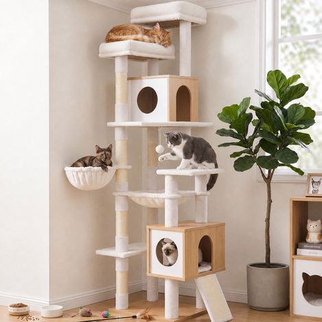 Arbre à Chat XXL Moderne en Bois avec Niches et Griffoir 45 x 55 x 191 cm Beige chêne et Blanc nuage (1/5)