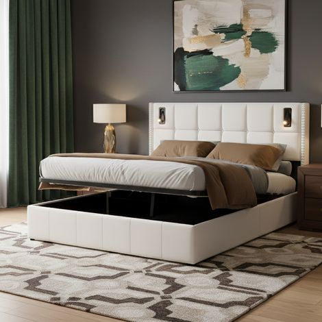 Lit coffre 140x200cm, lit double avec lampe de lecture, lit hydraulique avec fonction de rangement, sommier à lattes, lit 2 personnes pour adulte, sans matelas, beige (1/5)