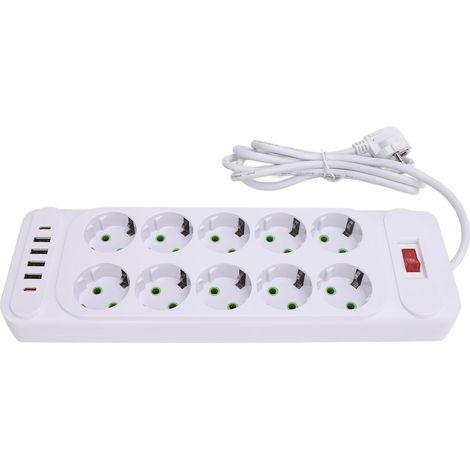 Multiprise 16-en-1 avec 10 prises AC, 4 ports USB et 2 connecteurs Type-C, design compact pour installation polyvalente, blanc (1/5)