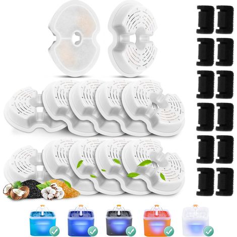 Paquete de 12 filtros para la fuente de agua para gatos, silencioso, 67 oz/2 l, con luz nocturna LED, sistema de triple filtro, filtro de carbón activado con (1/5)