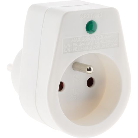 Zenitech – Prise parafoudre simple 2P+T – Protection jusqu'à 6KV – Courant 16A – Tension 250V – Conforme EN 61643-11