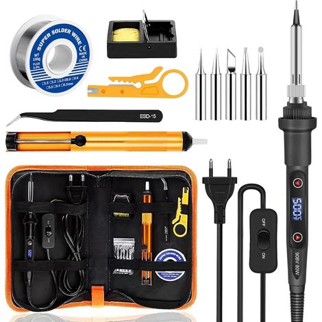 Fer à Souder Electronique de Precision 80W avec Controle Température 180-500°C, Kit Soudure Electronique 13-en-1 avec 5 Pointes, Fil à Etain, Pompe à Dessouder et Sac PU (1/5)