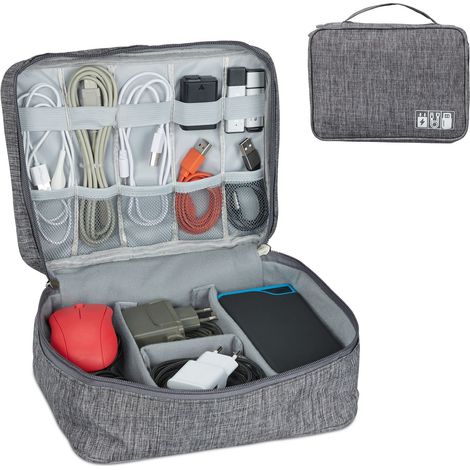 Relaxdays Sac pour câbles. organiseur, bâton USB, accessoires ordinateur, en tissu, rangement HxlxP 11x25x20 cm, gris (1/5)