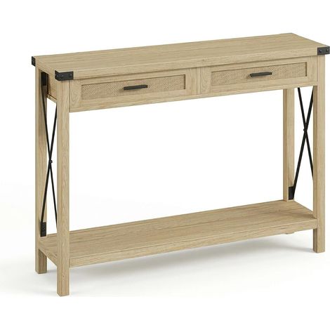Table d'entrée à pieds en bambou, bois et rotin, panneau de densité + métal + tissage rotin, couleur bois naturel (1/5)
