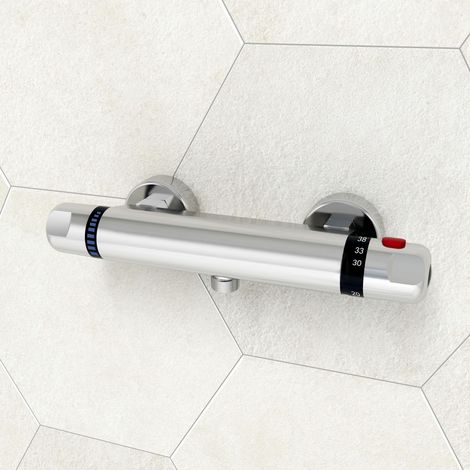 SKY Bathroom Thermostatic Exposed Bar Shower Mixer Valve Tap Chrome Bottom 1/2" Outlet (1/4)