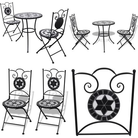 Set da Bistrot 3 pz in Piastrelle di Ceramica Nero e Bianco - Tavolo da giardino - Sedie da giardino