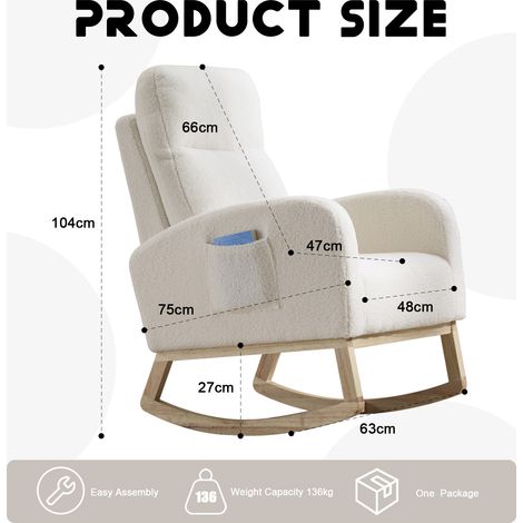 Fauteuil à bascule d'allaitement à dossier haut en teddy, design ergonomique avec base en bois courbé et poche latérale, blanc. (1/5)